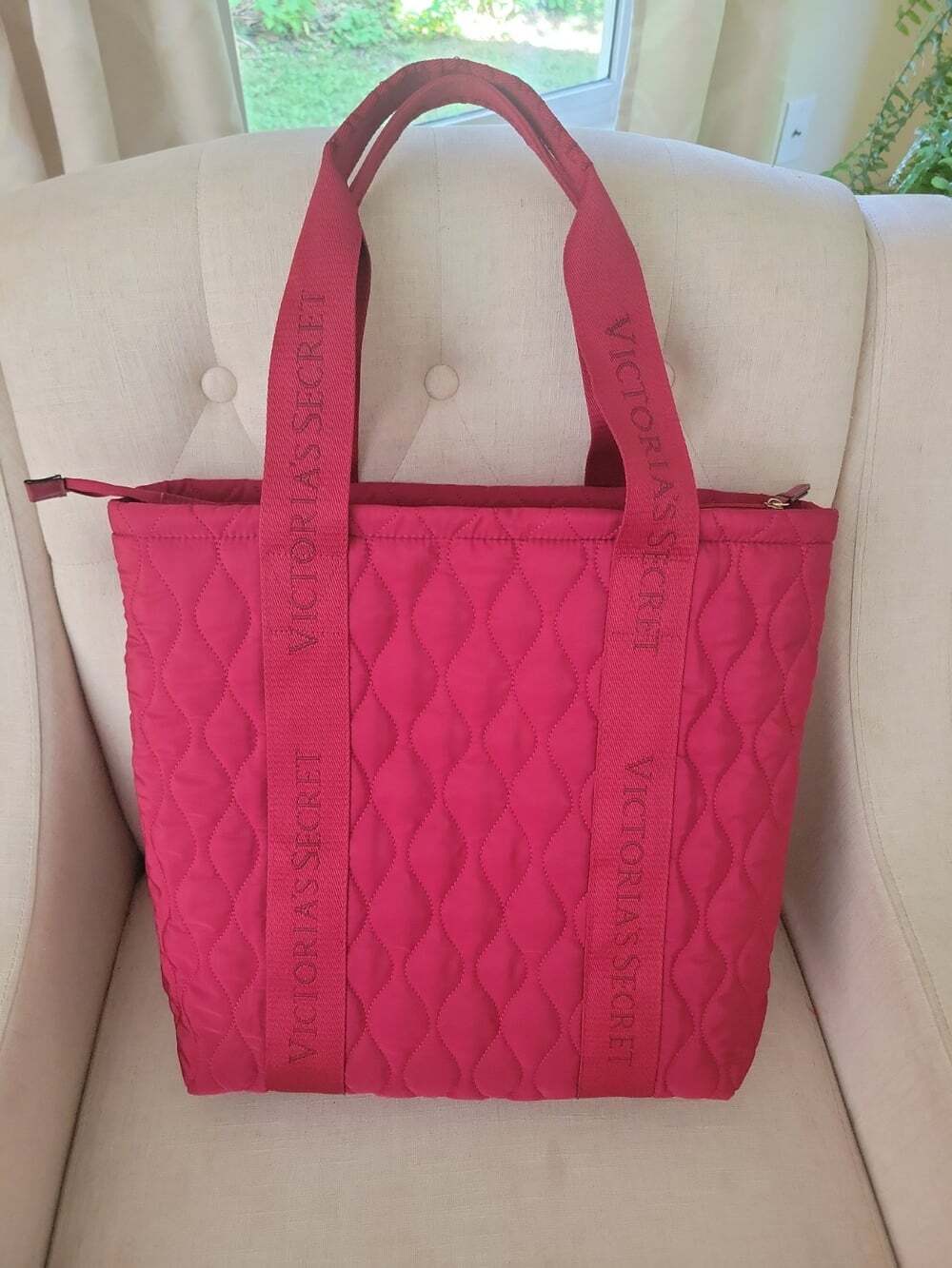 Victoria's Secret Red Quilted Tote Shoulder Bag, Zip, Logos, Large 17w X 15.5h